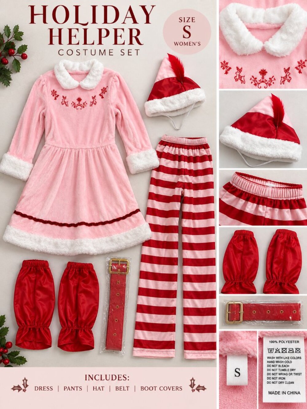 Christmas Elf Costume Pink Dress Pants Hat Shoe Covers Size Small